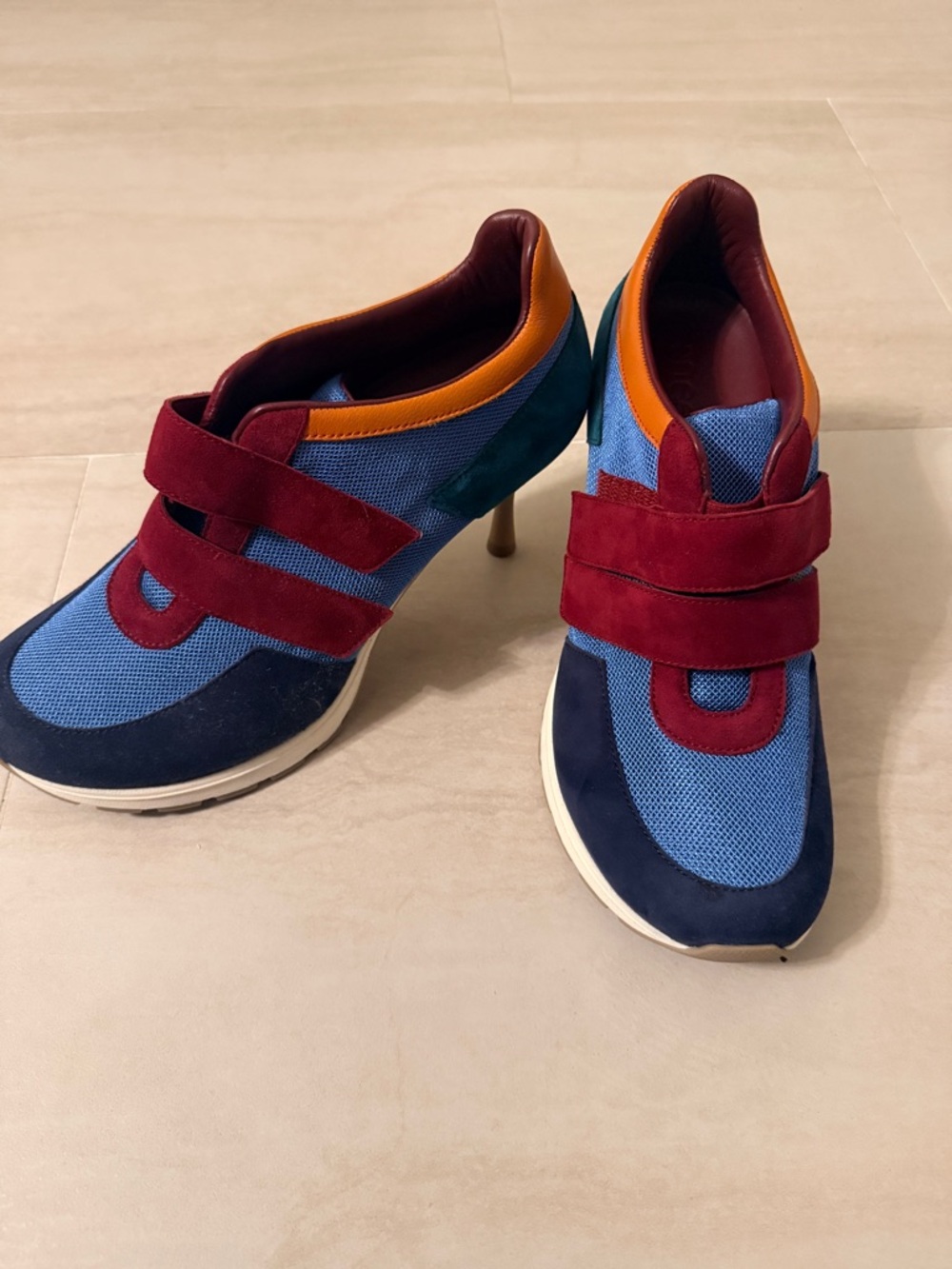 Colorblock Suede & Mesh Athletic Heels in Blue, Burgundy and Orange